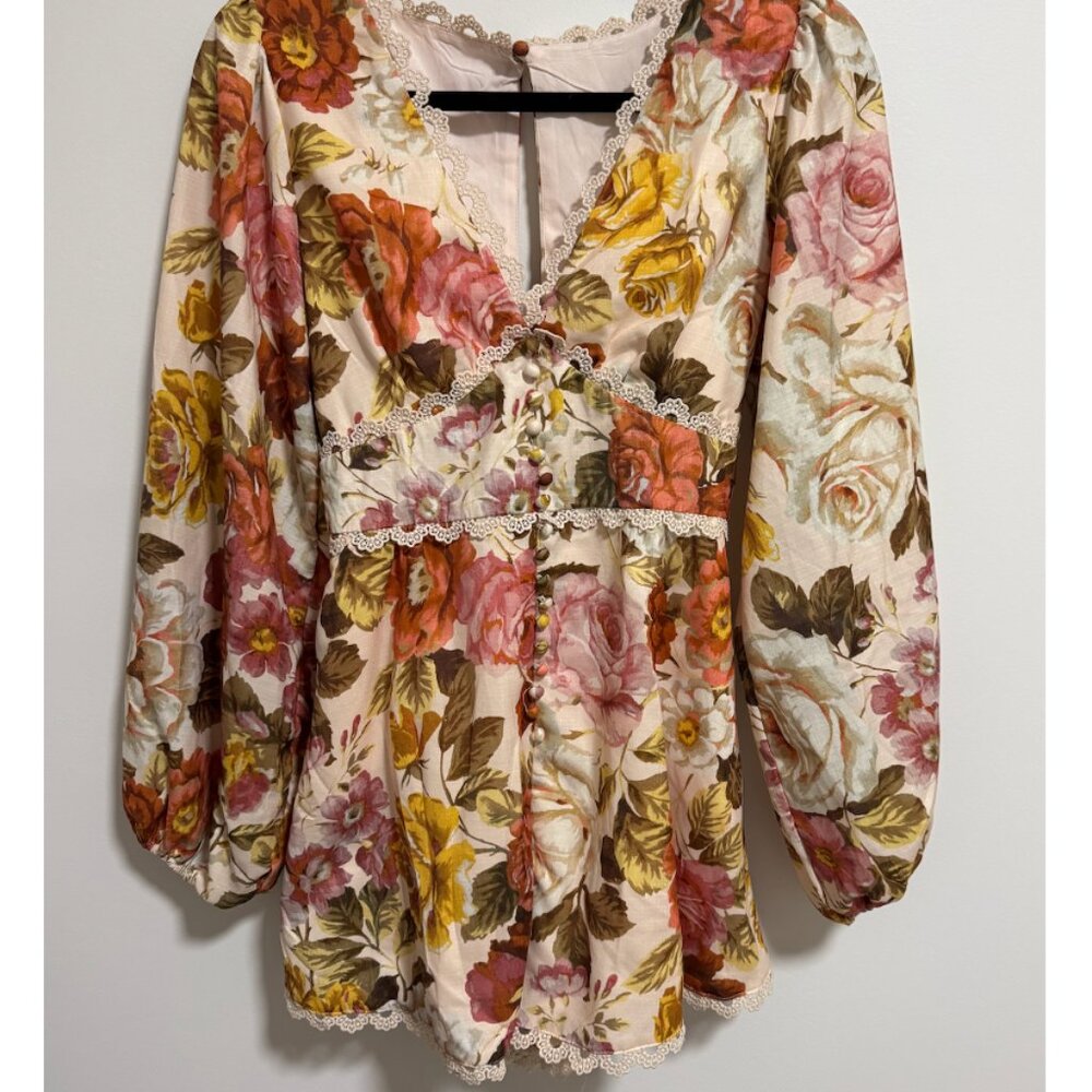 Floral Romper - Size Medium - Lace details, pearl buttons.